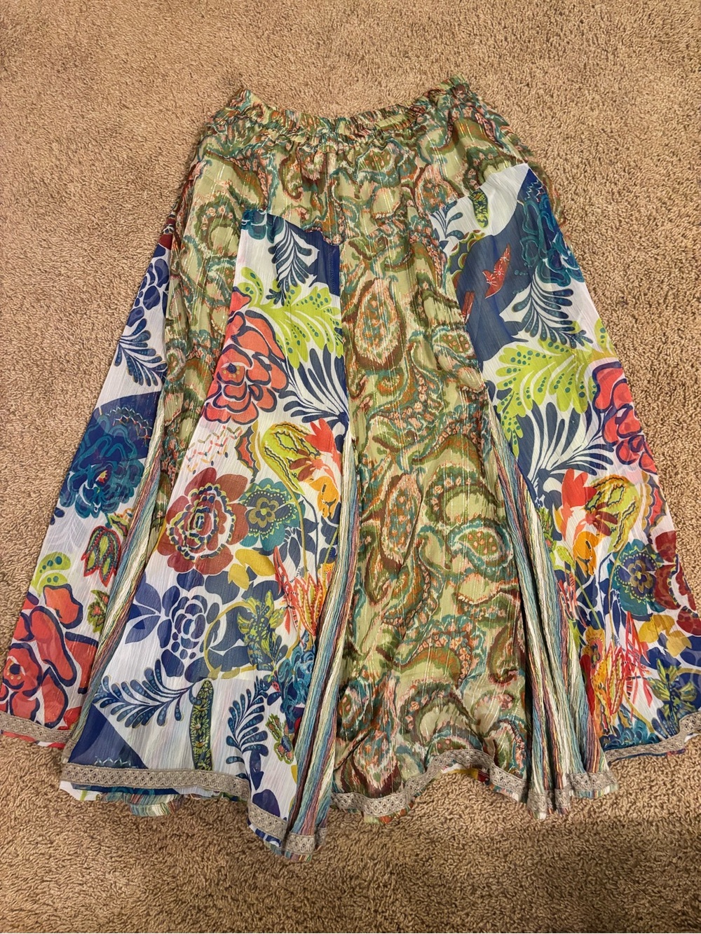 Anu by Natural Boho Floral Patchwork Midi Skirt in Green Multi